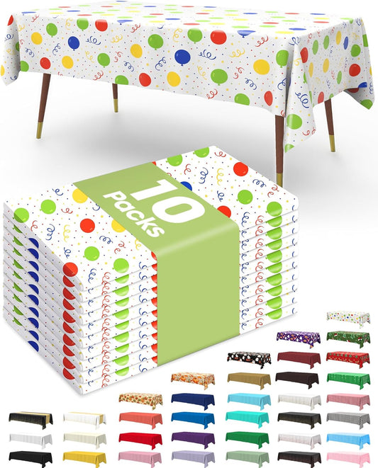 Pureegg Disposable Plastic Tablecloths - 10 Pack, 54 x 108 Inch, Leakproof Rainbow Design for Parties & Picnics