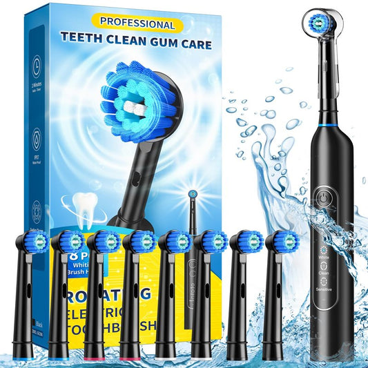TEETHEORY Rotating Electric Toothbrush for Adults with 8 Brush Heads, Sensitive Gum Care Electric Toothbrush with 3 Modes and 2 Min Smart Timer, Rechargeable Last 60 Days (Black, 1 Count)