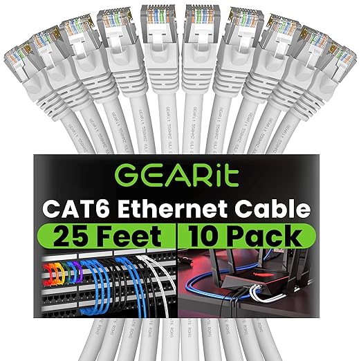 GEARit Cat 6 Ethernet Patch Cable 25 ft White (10 Pack) Cat6 Patch Cables 25ft White/Ethernet Patch Cable, 10Gbps 550MHz 24AWG Pure Copper, Snagless, Gold Plated RJ45 for Router, Server, Router, PC