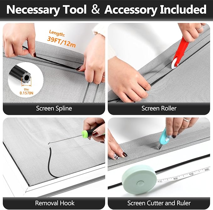 Secopad Window Screen Door Repair Kit, 48" x 177" Screen Door Mesh Replacement Kit, Durable Fiberglass Mesh Roll with Tools for Windows Doors Patio and Porch Replacement, Black