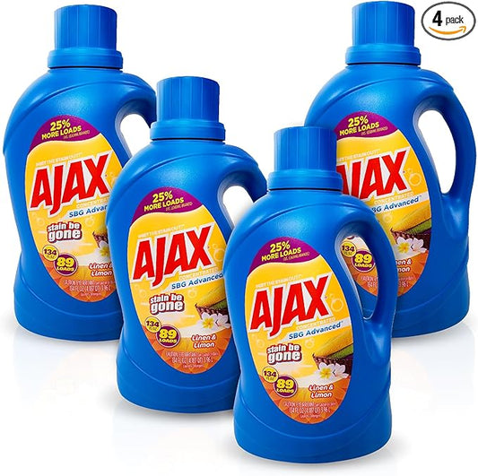 Ajax SBG Advanced Laundry Detergent, Linen & Lemon Scent, 134oz (Pack of 4) â Totally Awesome Stain & Odor Remover, HE Compatible, Concentrated Liquid, 356 Loads, Color-Safe, Long-Lasting Freshness