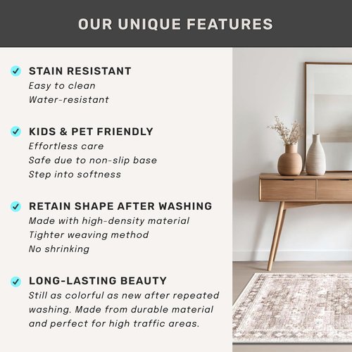 Hazo Haus Boho Long Bathroom Runner Rug 24 x 72 Washable Non Slip - Soft Stain Reistant Rugs for Kitchen, Laundry Room, Hallway Runner - Neutral Floral Design Décor (2x6 Beige/Latte)