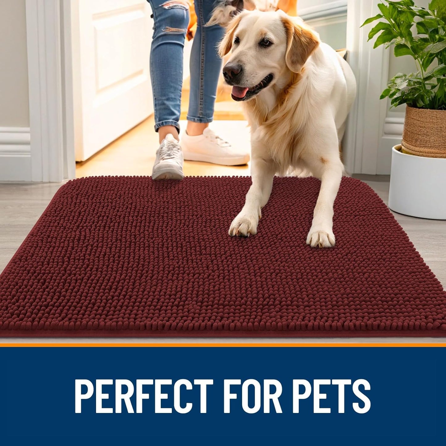 OLANLY Dog Door Mat - Absorbent Non-Slip Washable Doormat for Muddy Paws | 30x20, Quick Dry Chenille, Caramel Russet