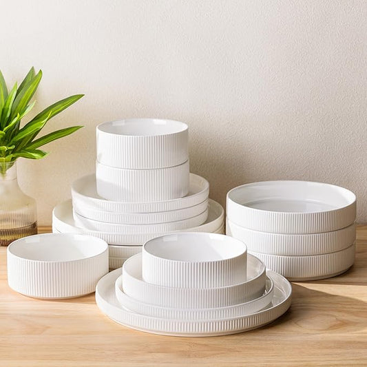 TheTerra Ceramic Dinnerware Sets with Pasta Bowls for 4, 16 Pieces Porcelain Lightweight Plates and Bowls Sets, Scratch Resistant Dish Set, Oven & Microwave & Dishwasher Safe, Bright White