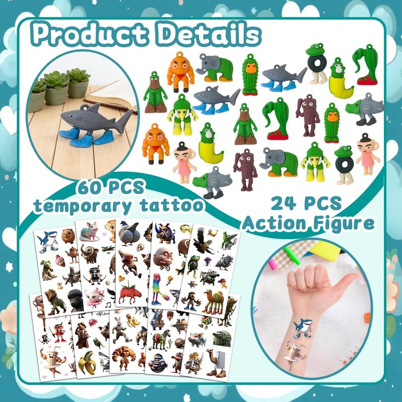 84Pcs Italian Brainrot Party Favors with Brainrot Action Figure & Brainrot Meme Temporary Tattoo, Decorations Gifts for Fans Office Home Desktop Decor