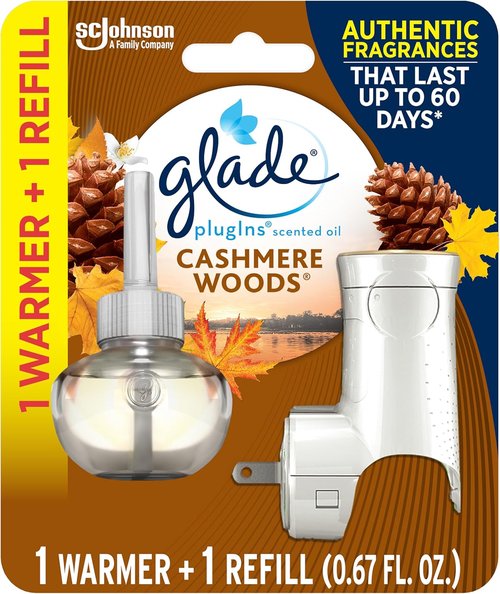 Glade PlugIns Air Freshener Starter Kit - Cashmere Woods Scented Oils | 0.67 Fl Oz, 1 Warmer + 1 Refill