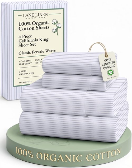 LANE LINEN 100% Organic Cotton Printed California King Sheets Set, 4-Piece All Season Fully Elasticized Deep Pocket Fits Mattress Upto 15", Mercerized Printed Cal King Sheet Set -Ticking Stripe Blue