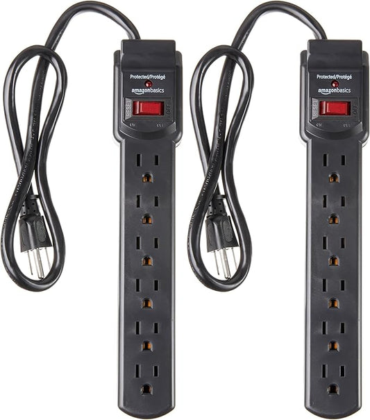Amazon Basics 6-Outlet Surge Protector Power Strip with 200J Protection, Circuit Breaker, 2ft Extension Cord, Black, 2-Pack