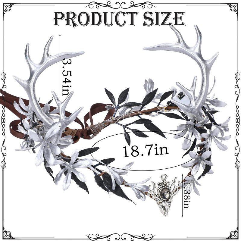 MOSTORY Light up Fairy Crown - Silver Antler Crown Flower Heapiece Elf Floral Circlet Woodland Headband for Women Halloween Outfit Renaissance Ren Faire Cosplay Photo Shoot