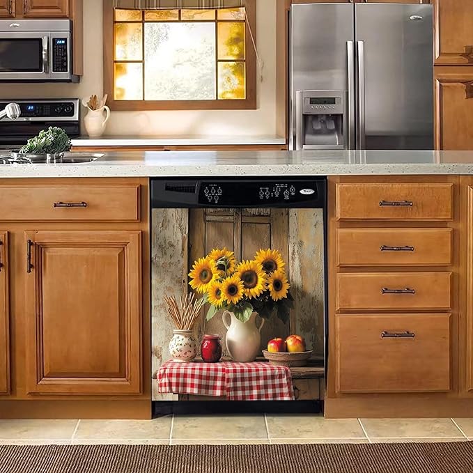 Vase Sunflower Magnetic Dishwasher Magnet Cover Decal, Vintage Rustic Desktop Apples Vinyl Decor Magnetic Fridge Door Cover, Dishwasher Magnetic Sticker, Easy Update 23" x 26" Magnetic