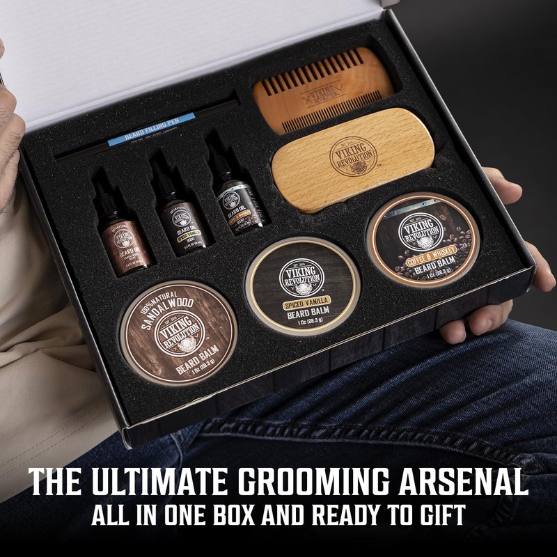 Viking Revolution Ultimate Beard Care Collection - Gifts for Men Includes Oil, Balm, Brush, Comb and Pen - Beard Kit for Men with Sandalwood, Spiced Vanilla, Coffee Whiskey, Sweet Tobacco