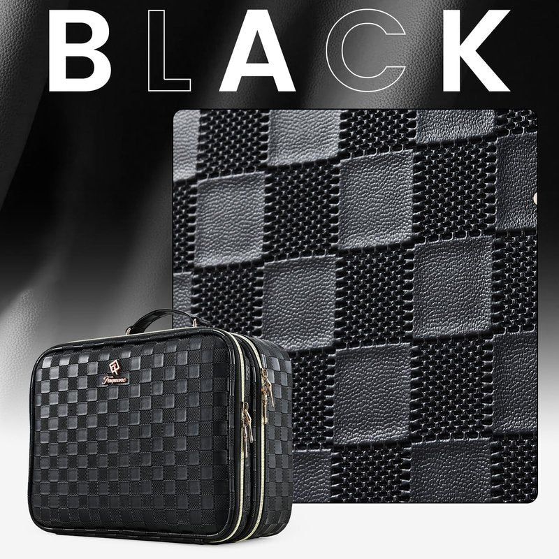 Makeup Bag with LED Lighted Mirror 12.2 IN Cosmetic Train Case Double Layer Makeup Case Adjustable Brightness in 3 Colors Cosmetic Organizer Artist Storage with Brush Holder Vanity Black Checkerboard
