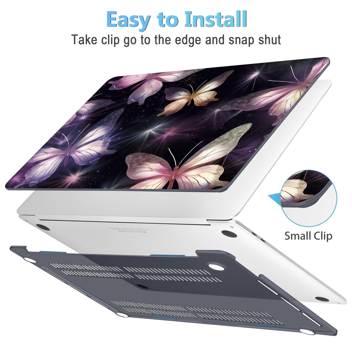 Mektron for MacBook Air 13 Case A1466/A1369 (2010-2017 Release), Snap-on Plastic Hard Shell Cover for MacBook Air 13.3 inch with Keyboard Cover, Glittering Butterfly