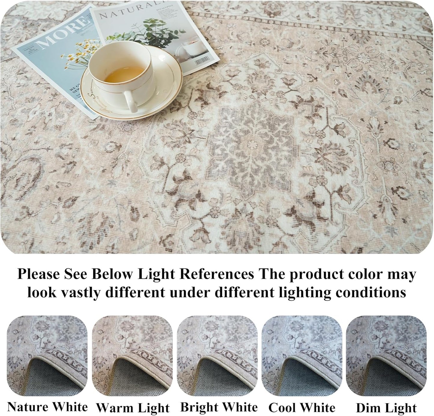 Skiennix Washable 3x8 Kitchen Runner Rug - Stain Resistant Low-Pile Vintage Soft Mat | Beige