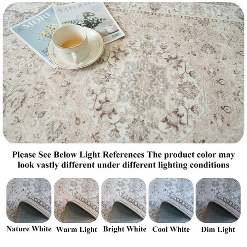 6ft Square Living Room Area Rug: Washable Oriental 6x6 Rugs for Bedroom Dining Room Non-Slip Entryway Kitchen Nursery CarpetWater Resistant Light Weight Floor Mat for Bathroom Laundry Room(6x6,Beige)