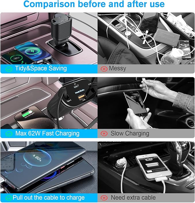 MAGJIEYX Retractable Car Charger, Fast Charging Adapter 62W Type-C/USB-i Cables and USB C/USB A QC & PD Ports for iPhone 17/16/15/14/13/12Pro Max Plus,iPad,AirPods, Galaxy