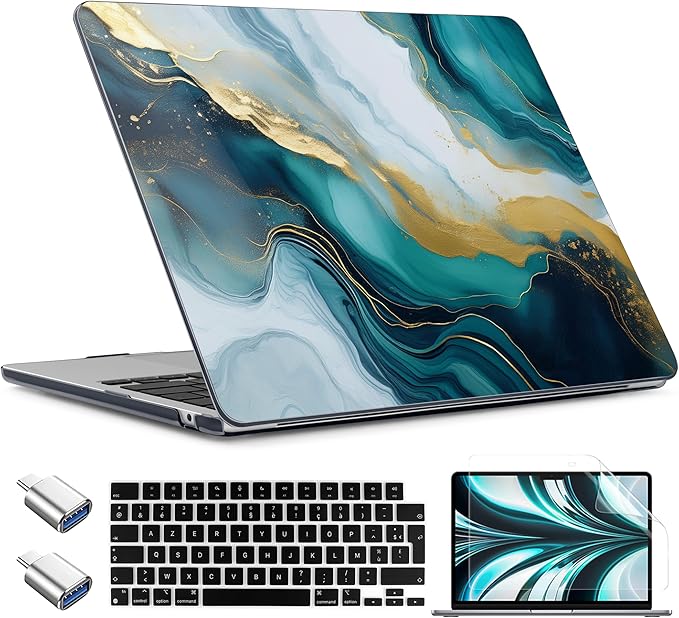 TWOLSKOO for MacBook Air 15 inch Case 2026 2025 2024 2023 Release M5 A3448 M4 A3241 M3 A3114 M2 A2941, Plastic Hard Shell & Screen Protector & Keyboard Cover & Type C Adapter, Graphite Marble
