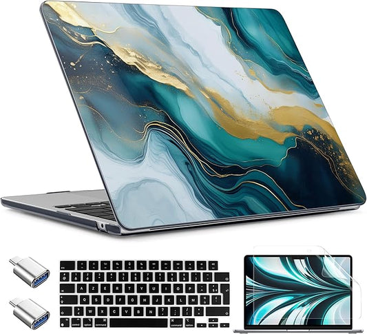 TWOLSKOO for MacBook Air 15 inch Case 2026 2025 2024 2023 Release M5 A3448 M4 A3241 M3 A3114 M2 A2941, Plastic Hard Shell & Screen Protector & Keyboard Cover & Type C Adapter, Graphite Marble