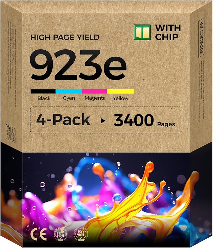 923XL 923e Ink Cartridges with chip 4-Pack Black Cyan Magenta Yellow High Yield Replacement for HP 923 923e Ink Compatible for HP OfficeJet Pro 8135e 8138e 8139e 8122e 8120 8123 8130 8133 Printers