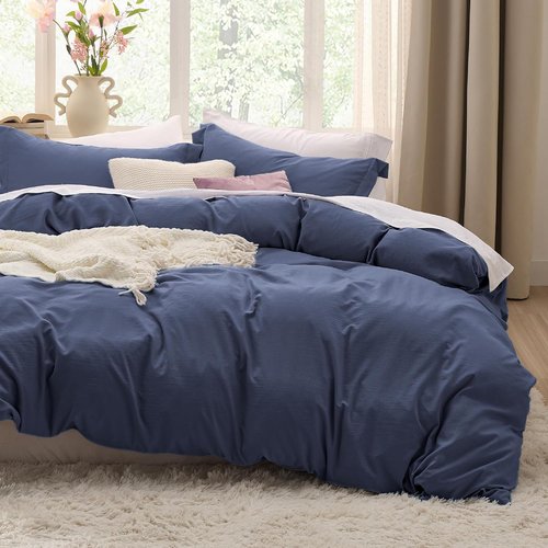 Bedsure Navy Blue Duvet Cover Set | Soft Prewashed Cotton-Like Polyester - Queen Size 3 Pieces (90x90 inches)