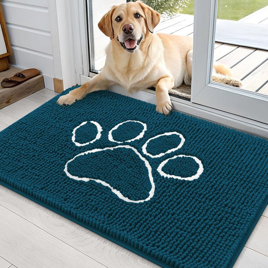 OLANLY Dog Door Mat for Muddy Paws 35x24, Paw Print Design, Absorbs Moisture and Dirt, Absorbent Non-Slip Washable Doormat, Quick Dry Chenille Mud Mat, Entry Indoor Entryway Carpet, Atlantic Blue