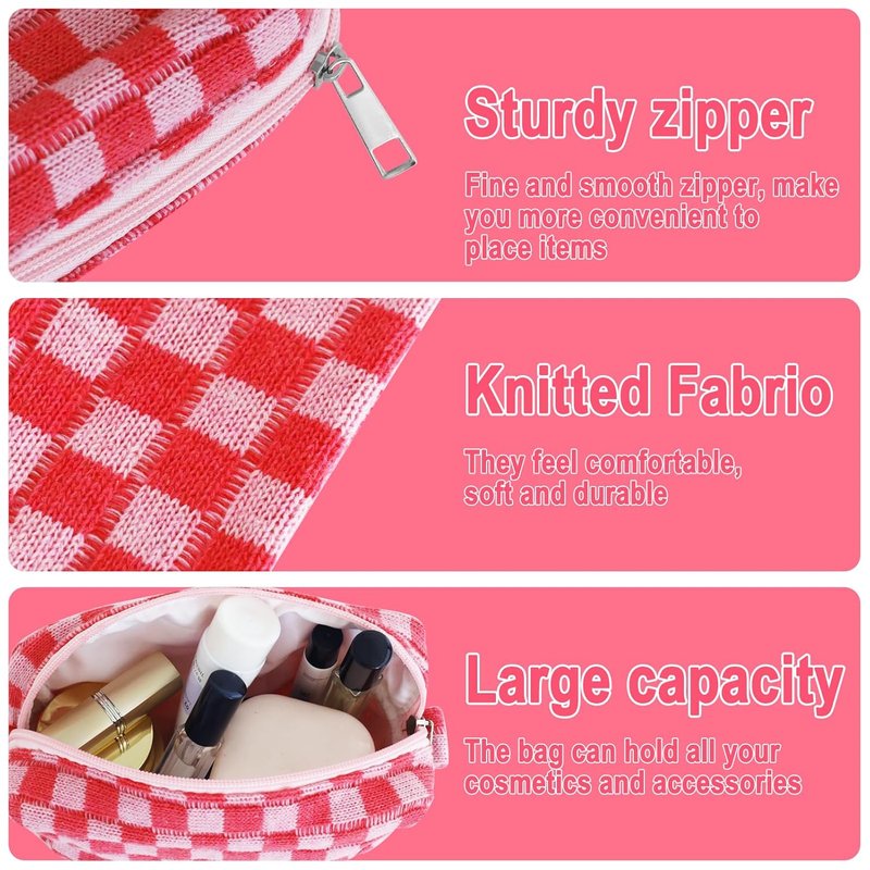 Checkered Pencil Case Set - Cute 6-Piece Pouch for Teens | Pink Medium Makeup & Travel Organizer