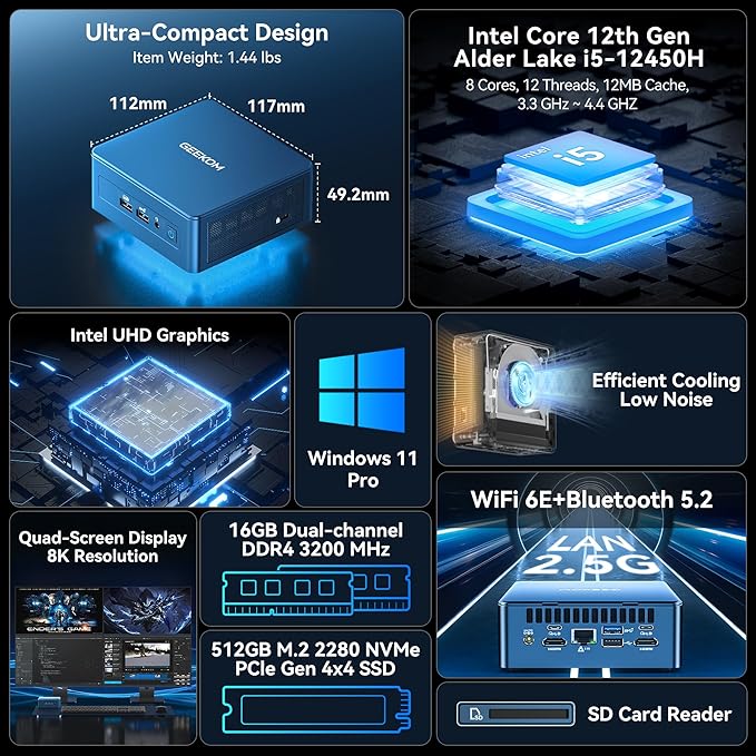 GEEKOM IT12 Business Mini PC for Plex Server & Home Office(3-Year Coverage), with Intel i5-12450H Mini Computer Windows 11, Quiet Low-Power PC 16 RAM/512GB SSD(Not LPDDR) Desktop, Dual USB4 8K