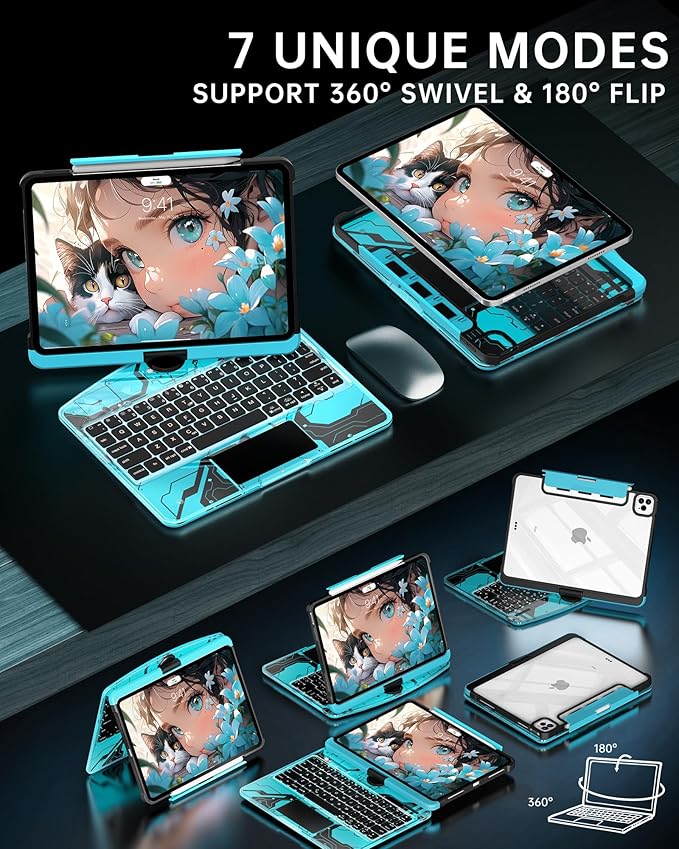 Intermerge Transparent Keyboard Case for iPad Pro 13"(M5,2025/ M4,2024), 360° Swivel Multi-Touch Trackpad, 7-Color RGB Backlit, Pencil Holder, Type-C, Power Indicator, Aqua Pulse