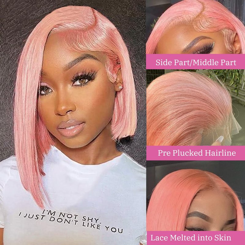 Bob Wig Human Hair Pink 13x4 Lace Front Wigs Human Hair, 180 Density Glueless Wigs Human Hair Pre Plucked Pre Cut 12 Inch Short Bob Wig Brazilian Virgin Human Hair Lace Front Wigs for Black Women