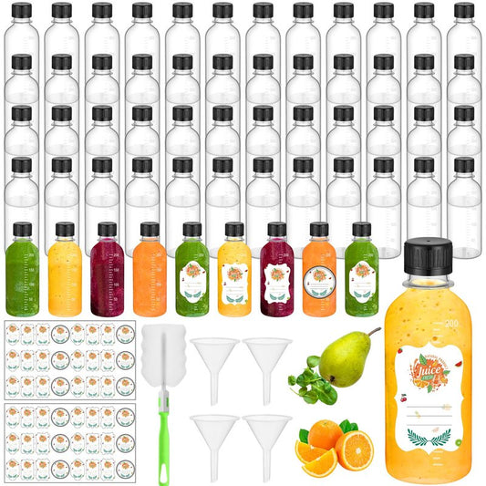 LemonRoad 50 Pcs 7oz Plastic Juice Bottles with Lids Clear Reusable Small Bottles with Scale, Labels & Funnels for Ginger Juice, Smoothies, Milk, Coffee, Meal Prep & Outdoor Travel