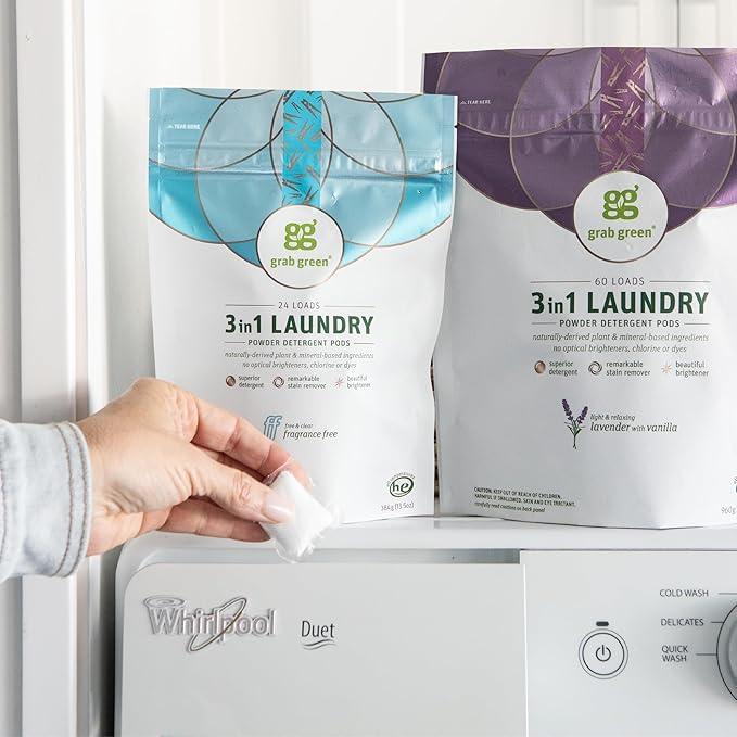 Grab Green 3-in-1 Laundry Detergent Pods, Fragrance Free, Plant and Mineral Based, Superior Cleaning Power, Stain Remover, Brightens Clothes, White, 132 Count