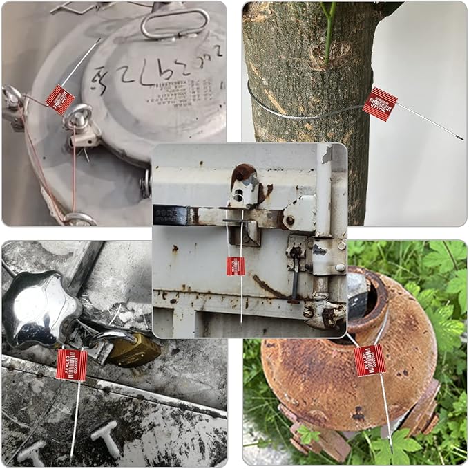 LeadSeals 100 Red Steel Cable Seals With Barcode - High Security Numbered Truck Anti-Tamper Pull Tite Tags - Metal Container Shipping Self-Locking Safety Ties ISO 17712