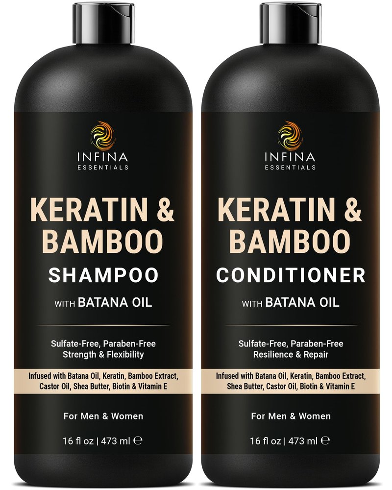 INFINA ESSENTIALS Keratin Shampoo and Conditioner Set | Frizz Control & Smoothing with Batana Oil & Bamboo Extract | Sulfate-Free | Men & Women | 16 fl oz Each