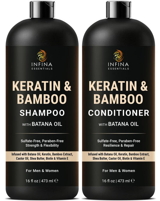 INFINA ESSENTIALS Keratin Shampoo and Conditioner Set | Frizz Control & Smoothing with Batana Oil & Bamboo Extract | Sulfate-Free | Men & Women | 16 fl oz Each