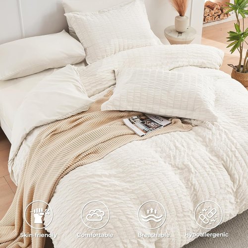 HYMOKEGE Ivory Twin Comforter Set - 5-Piece All-Season Luxury Bedding Set with Sheets & Pillowcases