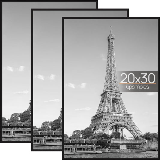 Upsimples 20x30 Picture Frame - Scratch-Proof Black Poster Frames for Photo Gallery | 3 Pack, Horizontal/Vertical Mounting