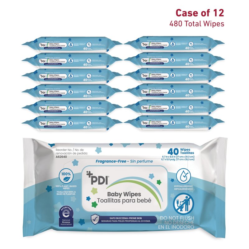 PDI Baby Wipes, Hypoallergenic, Eczema Safe, Fragrance Free, Plant-Based Wipes, 12 Packs of 40 Wipes Each (480 Total)