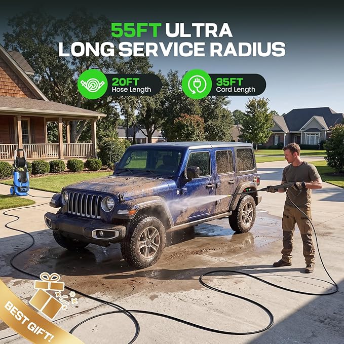 commowner𝐏𝐨𝐰𝐞𝐫 𝐖𝐚𝐬𝐡𝐞𝐫 𝟓𝟎𝟎𝟎𝐏𝐒𝐈 Portable with 20FT Pipe, 4 Nozzle Set for Home/Cars/Fences/Windows, Blue