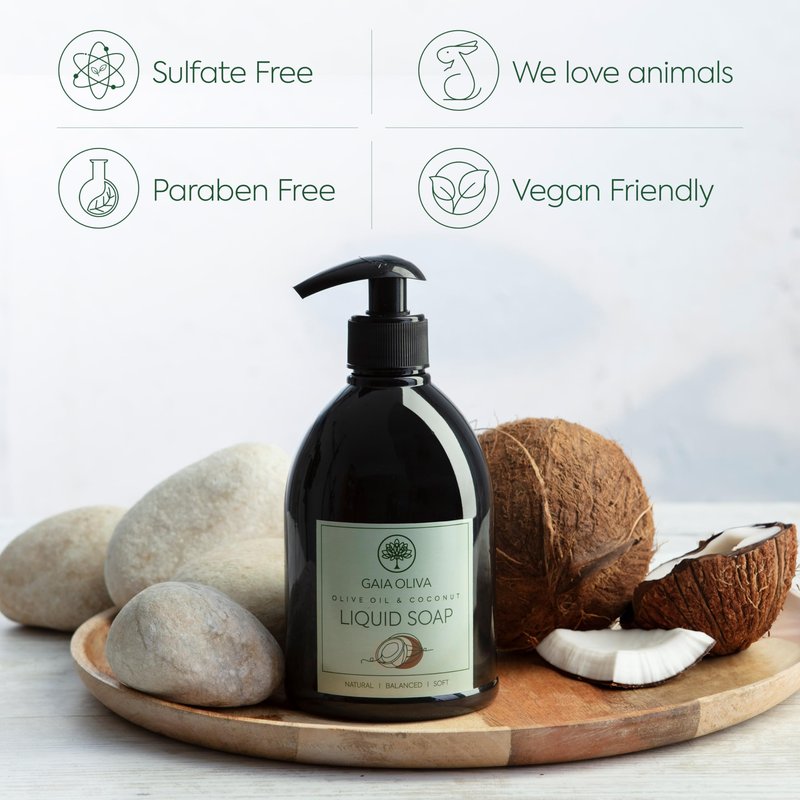 GAIA Oliva Olive Oil Hand Soap Liquid – Luxury Moisturizing Liquid Hand Soap for Bathroom & Kitchen, Natural Ingredietns for Dry, Cracked Hands with Coconut Scent – 16.9 FL OZ Bottle (Pack of 2)