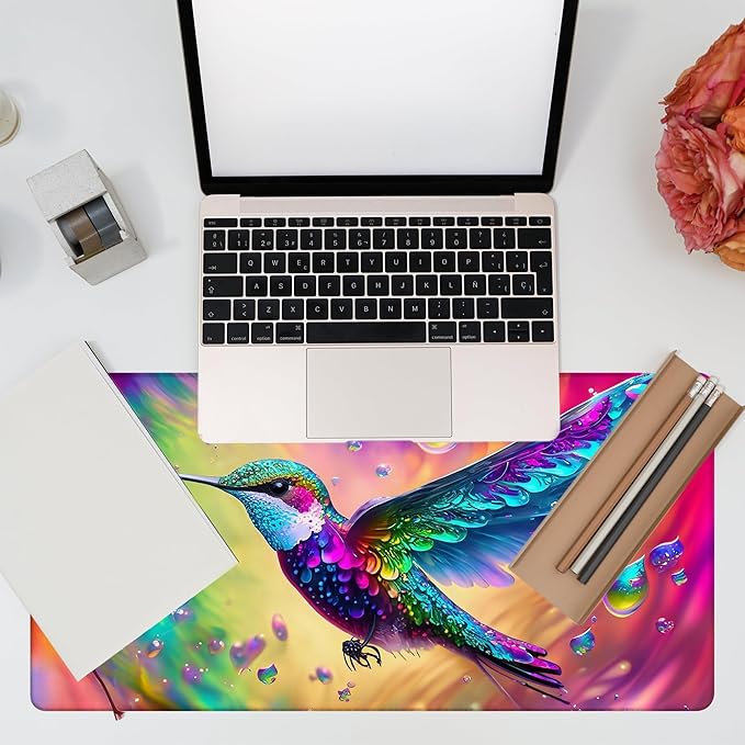 KOAIWPAE Large Gaming Mouse Pad for Desk, Colorful Hummingbird Desk Mat, Bright Hummingbird Desk Pad, 31.5"x15.7" Extended Big Computer Keyboard Mouse Pad with Non-Slip Base and Stitched Edge