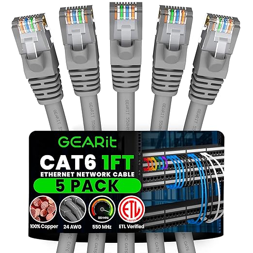 GEARit Cat 6 Patch Cables 1 ft Gray (5 Pack) Cat6 Patch Cables 1ft Gray/Ethernet Patch Cable, 10Gbps 550MHz 24AWG Pure Copper, Snagless, Gold Plated RJ45 for Router, Server, Router, PC