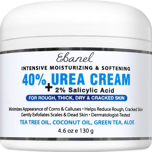 Ebanel Urea Cream 40% plus Salicylic Acid 2%, Foot Cream for Dry Cracked Heels Feet Knees Elbows Hands, Foot Dead Skin Cuticle Callus Remover Toenail Softener, Keratolytic Skin Barrier Repair