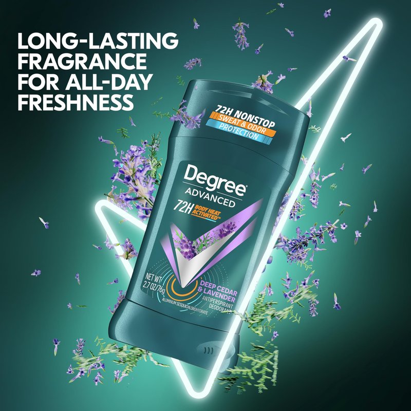 Degree Men Antiperspirant Deodorant Stick Deep Cedar & Lavender 4 Count 72-Hour Sweat and Odor Protection Deodorant for Men With Body Heat Activated Technology 2.7 oz