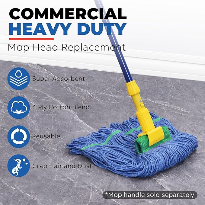 Onesimus 28 oz Heavy Duty Mop Head Replacement, 5 Inch Headband for Quick Change Handle, Blue Loop-End Cotton Blend String Wet Dry Floor Mop Refill, X-Large Size, Case Pack of 12 Pcs