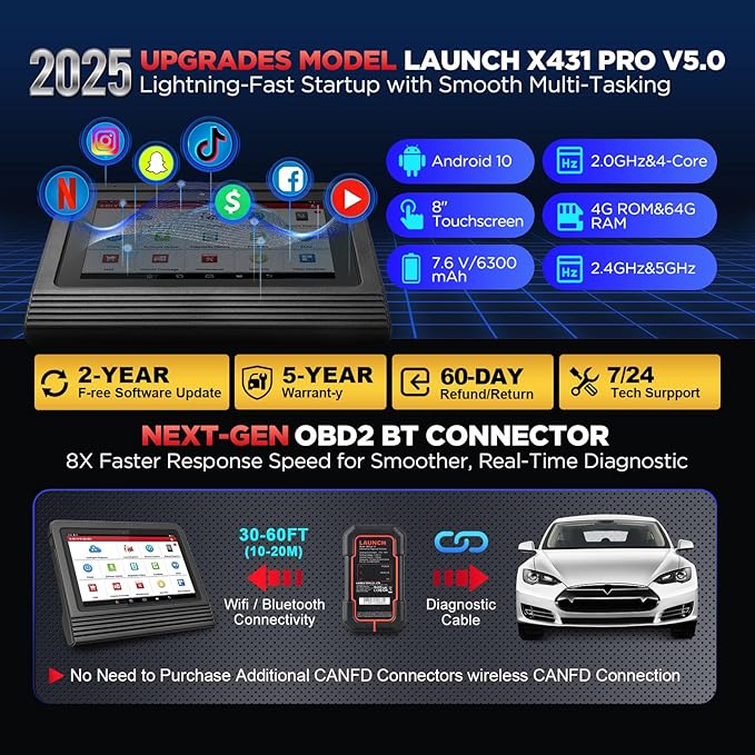 LAUNCH X431 Pro V5.0 2026 New Generation Automotive Diagnostic Scanner Tool, OEM Bluetooth Bidirectional OBD2 Scan Tool with CANFD & DOIP, 38+ Special Functions for All Cars