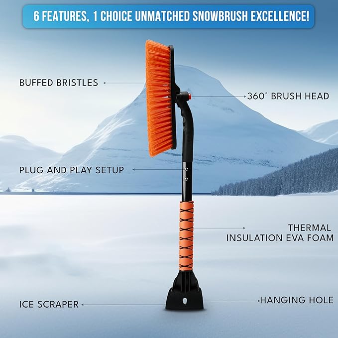 EcoNour 27" 3 in 1 Snow Brush with ice Scraper for car Windshield and Window | 360Â° Aluminum Rotatable Snow Brush for car | Winter Snow Removal Tools with Detachable Foam Grip | Winter Car Accessories