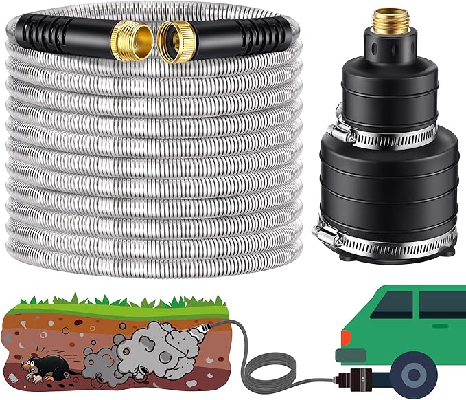 Qualirey Pest Control Exhaust Pipe Attachment with 50ft Stainless Steel Garden Hose, Transport Exhaust from Car to Underground for Killing Outdoor Rodents Such as Moles, Gophers