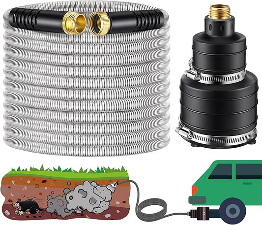 Qualirey Pest Control Exhaust Pipe Attachment with 50ft Stainless Steel Garden Hose, Transport Exhaust from Car to Underground for Killing Outdoor Rodents Such as Moles, Gophers