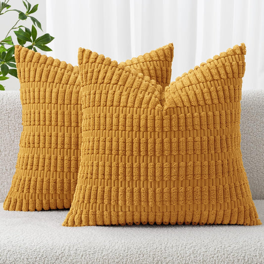 MIULEE Corduroy Decorative Throw Pillow Covers - Soft Boho Striped 18x18 Inch for Modern Farmhouse Decor | Gold Yellow
