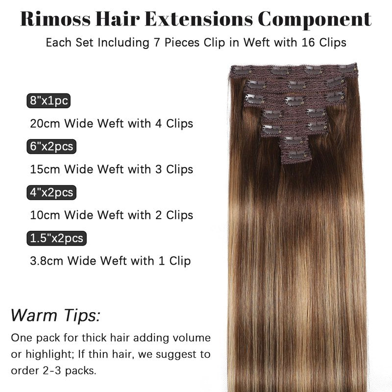 Rimoss Clip in Hair Extensions Real Human Hair - 14 Inch 7pcs, Ombre Chocolate Brown to Caramel Blonde Balayage Color - Soft Human Hair Clip in Extensions Straight for Women
